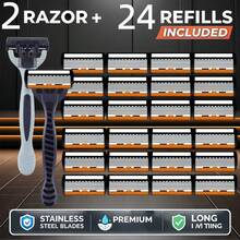 2 Handles + 36 Blades 6-Layer Manual Razor For Men & Women, Stainless Steel Replaceable Shaving Razor, Ergonomic Non-Slip Handle, Smooth Close Shave Beard Grooming Tool - Grey - View 11