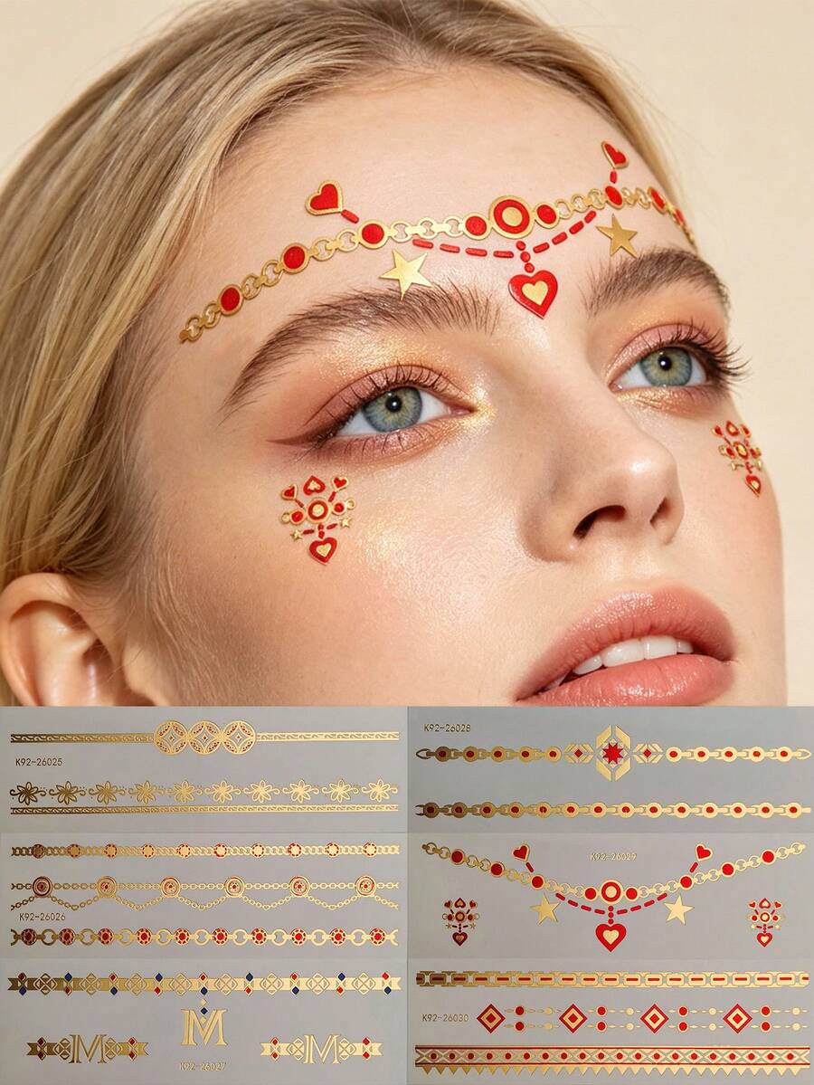 6pcs Bohemian Style Metallic Gold Foil Face Temporary Tattoo Stickers, Red Heart & Star Face Decals, Waterproof Transfer Tattoos, Suitable For Music Festivals, EDM Parties, Theme Parties, Christmas Makeup