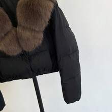 Women's Short Down Jacket, Plus Size Detachable Faux Fox Fur Collar, Elastic Hem, Loose Long Sleeve, Warm Winter Short Padded Coat - Black + Brown - View 7