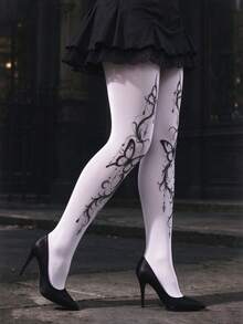 1 Pair Retro White Tights, Butterfly Vine Print Pantyhose For Women - White - View 3
