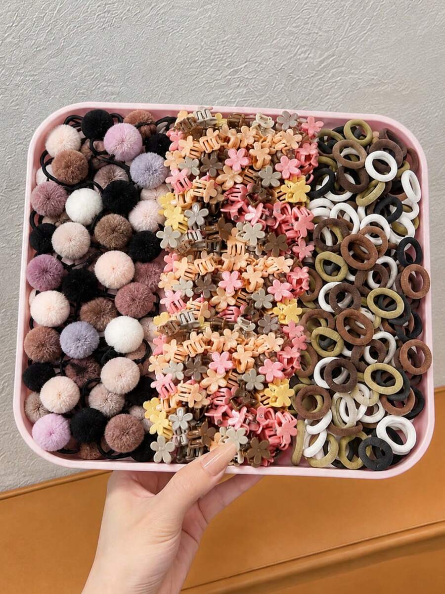 80pcs Girls Hair Accessories Set, Cute Floral Claw Clips & Pom Pom Hair Ties, Suitable As Autumn/Winter Gift For Girls - Multicolor - View 1