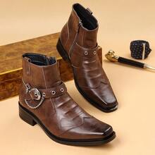 Western Style Side Zipper Vintage Brown Square Toe Men's Boots, Chain Buckle Side Zipper Low Heel Motorcycle Short Leather Boots - Brown - View 1