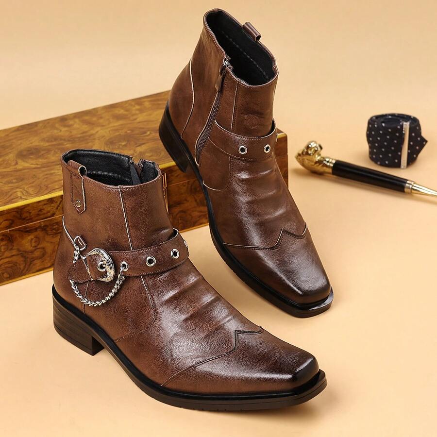 Western Style Side Zipper Vintage Brown Square Toe Men's Boots, Chain Buckle Side Zipper Low Heel Motorcycle Short Leather Boots - Brown - View 1