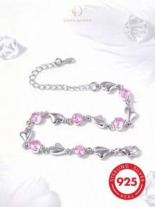 1pc Gentle Romantic 925 Sterling Silver Metal Heart-Shaped Rhinestone Inlaid Adjustable Chain Bracelet Women's Dating Accessory - Pink - View 5