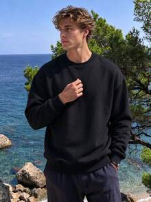 Camvyn Men's Casual Solid Color Crew Neck Sweatshirt, Versatile For Autumn/Winter - Black - View 1