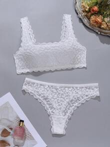 1套歐美風性感豹紋蕾絲拼接細肩帶內衣與丁字褲內衣套裝，女款 - 白色 - 查看 3