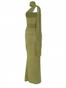 Women's Sleeveless Ruched Fitted Long Dress, Summer Party Elegant - Green - View 10