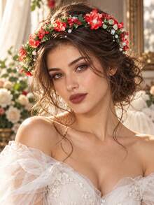 1pc Bohemian Vintage Red Floral Wreath Bridal Headpiece, Mori Style Green Leaf Pearl Flower Crown - Red - View 2