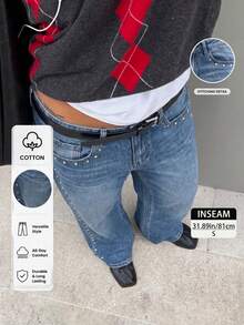 1pc Casual Denim Rivet Inlaid Cat Whisker Pattern Women's Low Waist Wide Leg Jeans, Suitable For Dating, All Seasons, Autumn/Winter, New York Fashion Week - Medium Wash - View 3