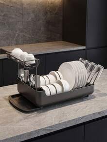 A Two-Tier Kitchen Dish Drying Rack Made Of Metal And Plastic, Featuring Holders For Cups And Glasses. Designed For Use On Kitchen Countertops Or In Compact Apartments, It Includes A Drip Tray For Quick Drying And Helps Save Counter Space. - One Size Fits All - View 6