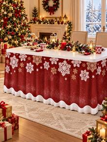 1 buah Rok Meja Natal, Motif Kepingan Salju Merah Putih, Penutup Meja Bundar Berumbai dari Poliester, Rok Meja Dekoratif Meriah untuk Meja Makan, Meja Hidangan Penutup, Prasmanan, Pesta Natal, Makan Malam Liburan, Dekorasi Rumah Musim Dingin - C - View 2