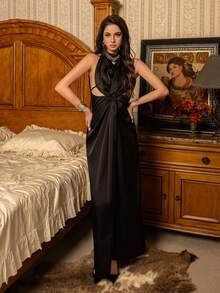 Women's Elegant Black Halter Neck Sleeveless Fitted Maxi Dress With Twisted Slit Design, Suitable For Formal Occasions And Evening Wear - Black - View 5
