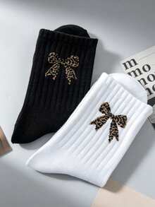 5 Pairs Sweet Girl Leopard Print Bow Mid-Calf Socks, Black & White Versatile Daily Commute Campus Comfortable Socks - Multicolor - View 5