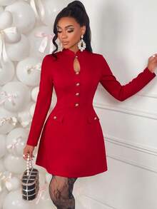 Elegant Red Knitted A-Line Dress For Women With Long Sleeves, Stand Collar, And Gold Button Details, Perfect For New Year's Or Evening Events. - Red - View 6