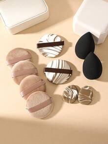 4pcs Brown Loose Powder + 4pcs Round Mixed Brown Mini Cushion + 2pcs Black Makeup Sponge Set, Dual-Use Dry & Wet Full Makeup Tools Suitable For Home Use Or Professional Makeup Artists - Multicolor - View 5