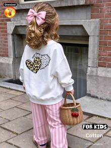 Oversized Crew Neck Thickened Sweatshirt With Heart Leopard Print And Surrounding Text - White - View 1