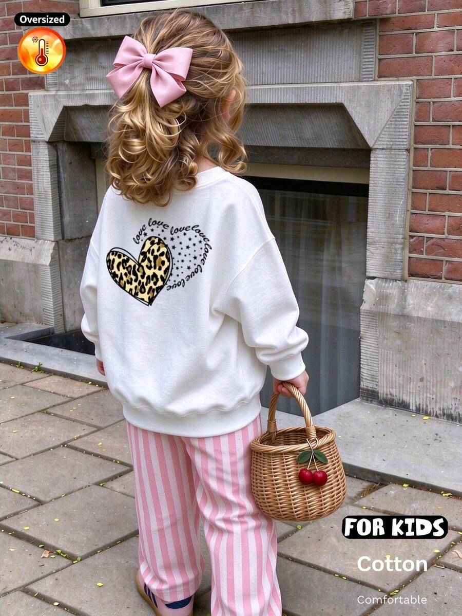 Oversized Crew Neck Thickened Sweatshirt With Heart Leopard Print And Surrounding Text - White - View 1