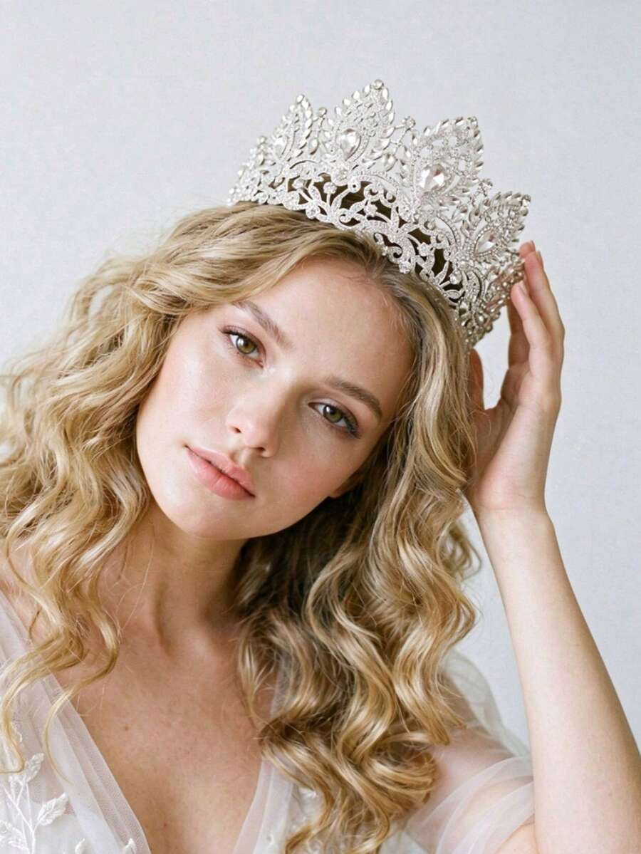 Luxury White Rhinestone Queen Crown, Elegant Silver Wedding Bridal Hair Crown, Elegant Birthday Party Hair Accessory, Shiny Pageant Headpiece - Silver - View 1