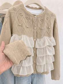 Women's Round Neck Knit Cardigan, 3D Floral Details, Layered Ruffle Hem, Front Button Closure, Long Sleeve, Suitable For Autumn/Winter, Halloween, Christmas, Lunar New Year - Apricot - View 8