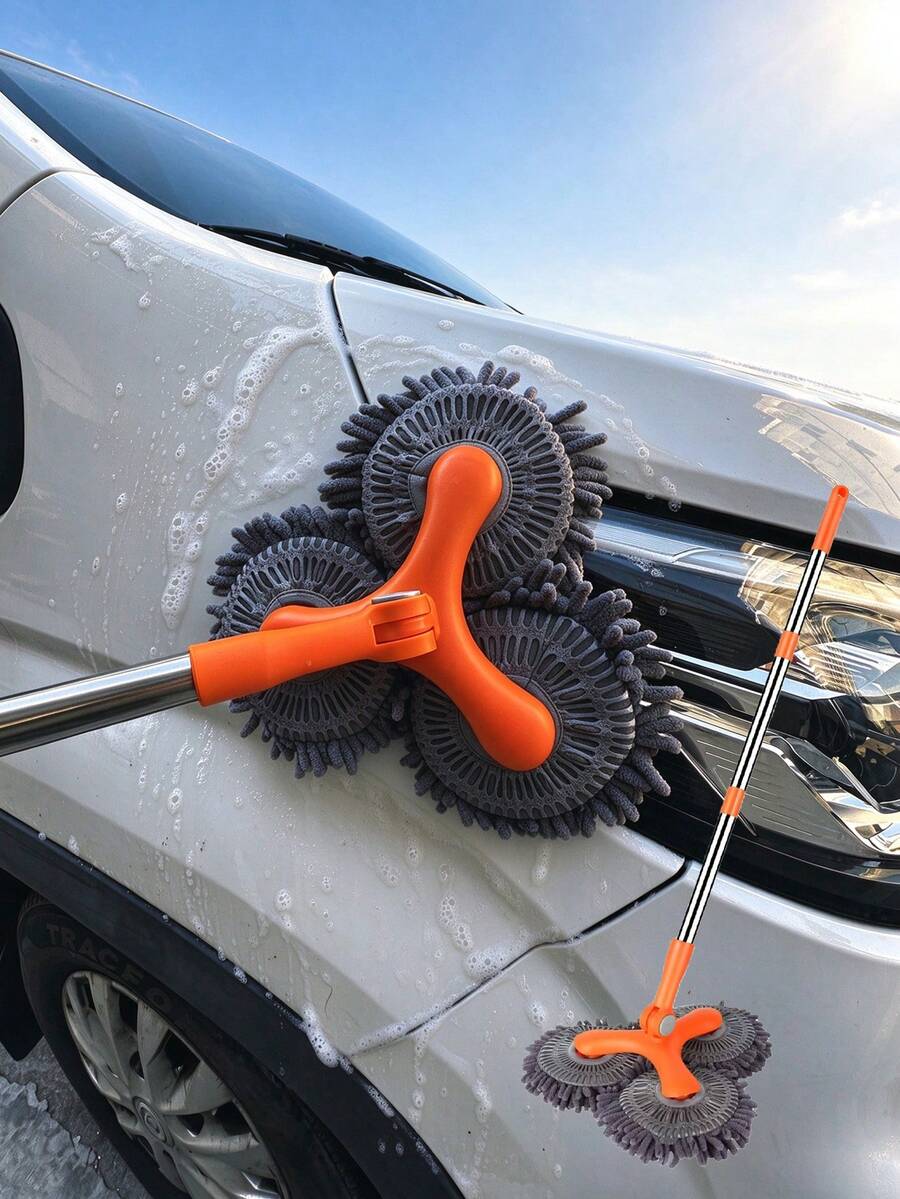 3-Head Rotating Car Wash Mop, Long Handle Chenille Soft Bristle Car Cleaning Brush, For Car Paint