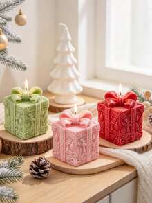 1pc Christmas Bow Gift Box Scented Candle, Holiday Atmosphere Home Decor, Christmas Gift Wedding Favor, Photography Prop, Christmas Party Decoration Candle - 1PC - View 2