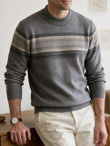 Grey Men's Striped Crew Neck Casual Minimalist Thick Knitted Sweater For Winter, For Fall, Long Sleeve Top - Grey - View 3