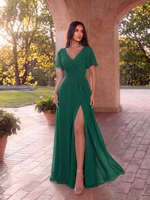 EVERPRETTY Navy Blue Bridesmaid Dress With Elegant Butterfly Sleeves, Ruched Waist And Side Slit, Formal Evening Gown For Wedding - Dark Green - View 1