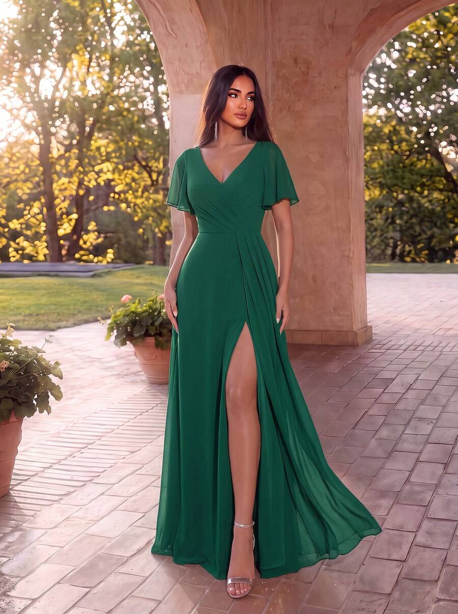 EVERPRETTY Navy Blue Bridesmaid Dress With Elegant Butterfly Sleeves, Ruched Waist And Side Slit, Formal Evening Gown For Wedding - Dark Green - View 1