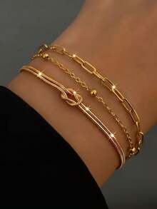 3pcs/Set Women's Stainless Steel Stackable Bracelet Set, Gold Paperclip And Knot Snake Chain Bracelets, Suitable For Daily, Holiday, Party, Gift - Bracelet 3-piece Set - View 4