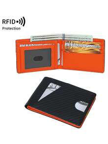 RFID Blocking Bifold Wallet For Men Carbon Fiber Leather Multiple Card Slots ID Window Cash Compartment Black Orange - Multicolor - View 3