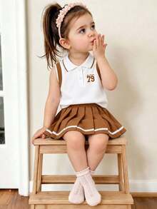 Baby Girl Number Print Polo Collar Tank Top And Pleated Skirt Casual Set - White - View 1