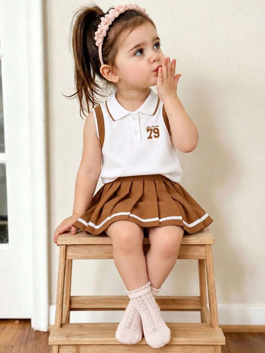 Baby Girl Number Print Polo Collar Tank Top And Pleated Skirt Casual Set - White - View 1