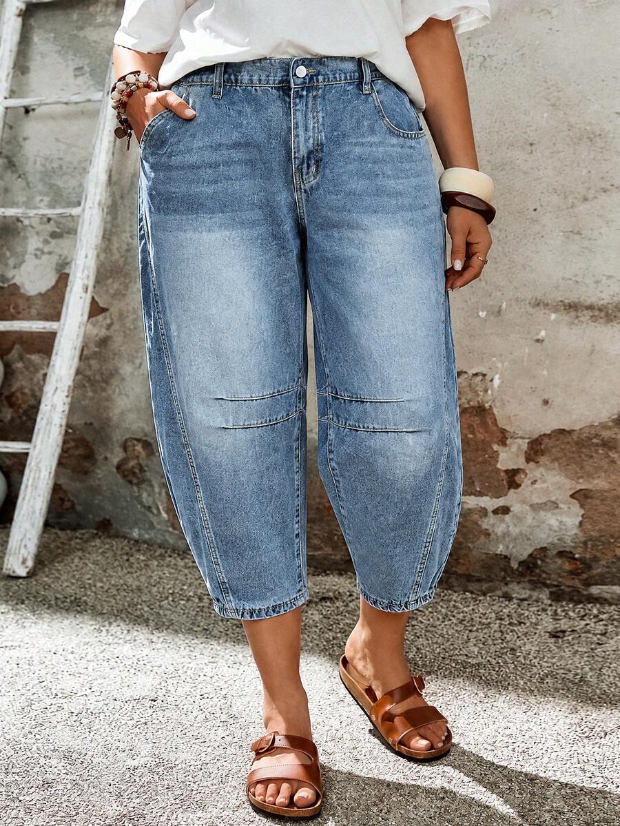 Celana Jeans Kasual Wanita Ukuran Besar Model Lurus, Potongan Pendek, Dengan Saku, Cocok Untuk Kencan, Suasana Santai, Liburan, dan Gaya Bohemian. - Biru - View 1