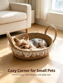 1pc Handmade Woven Pet Basket, Breathable Cat Bed Nest For Cats & Small Dogs, Indoor All Season Use - Multicolor - View 10