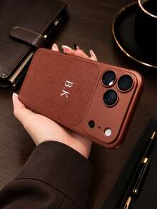 奢華客製化姓名人造 PU 皮革手機殼，適用於 Apple 18 17 16 15 14 13 12 11 Pro Max 14 15 16 Plus 17 Air，銀箔燙金字母全包保護殼，時尚手機殼 DIY 禮物，手機配件，字母姓名客製化，極簡防指紋防摔防震情侶手機殼軟殼，情人節禮物，生日禮物，節日禮物 - 棕色 - 查看 3