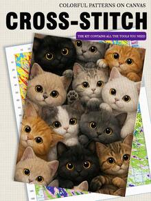 Cute Cat Gathering Pattern. 11/14/16CT Printed Cross-Stitch Kit. Relaxing DIY For Adult Beginners. Includes Printed Fabric (Wash After Stitching), Needles, Threads & Chart. Handmade Wall Art Gift. 30x40cm/11.8x15.7in. - Cat - View 1