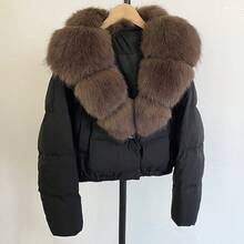 Women's Short Down Jacket, Plus Size Detachable Faux Fox Fur Collar, Elastic Hem, Loose Long Sleeve, Warm Winter Short Padded Coat - Black + Brown - View 4