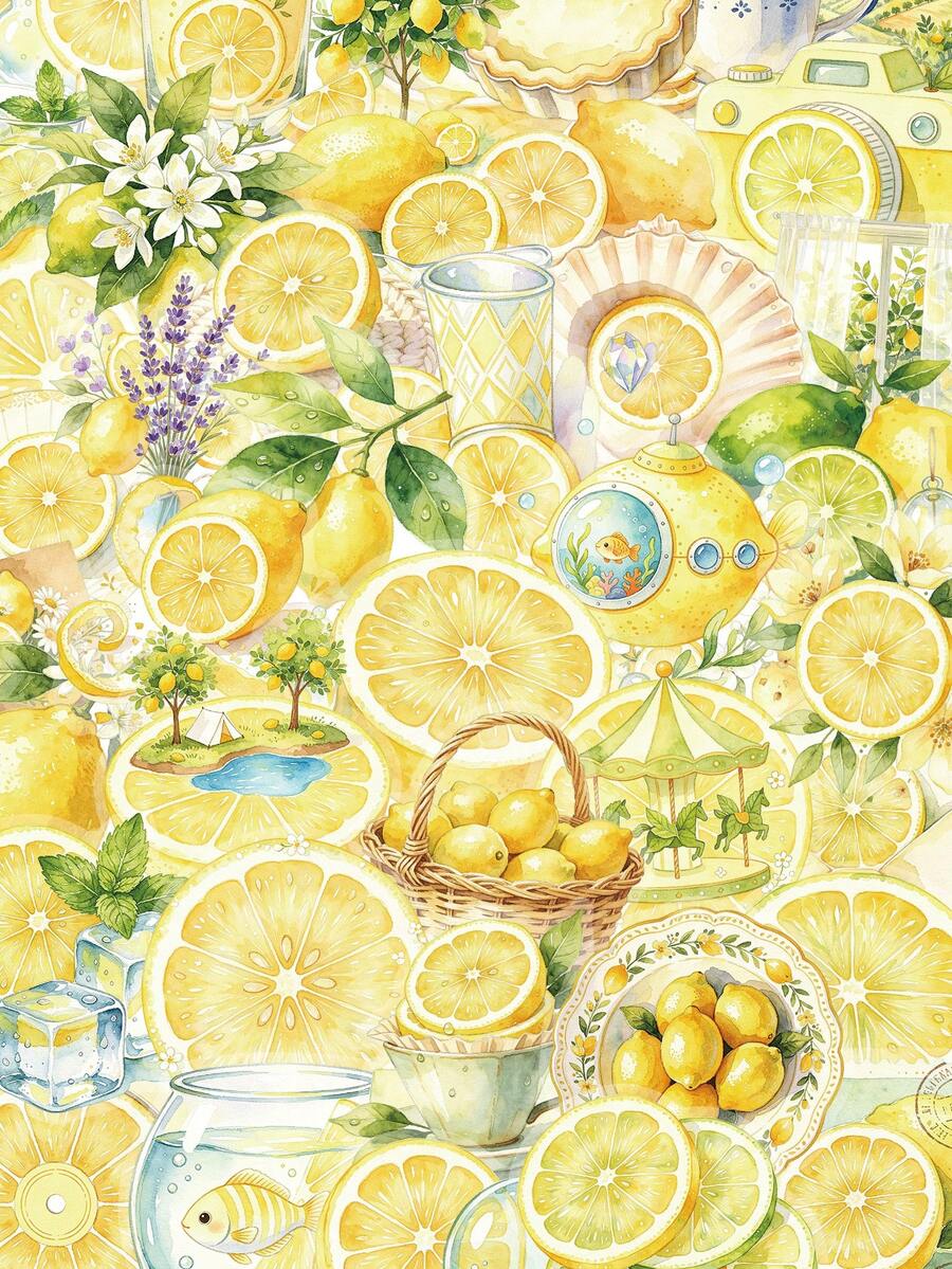 53Pcs Aesthetic Watercolor Lemon PET Stickers, Waterproof Summer Citrus Fruit Decals, Journaling Scrapbook Sticker Set For Water Bottles Laptops Phone Cases Teens Girls - Lemon - View 1