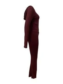 Early Autumn New Solid Color Hooded Zip-Up Jacket & Flared Slim-Fit Long Pants Casual Sports Set - Dark Red - View 5