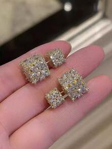 Fashionable And Elegant Square Cubic Zirconia Earrings, Stylish Clover Design, High-End Temperament, Versatile Earrings For Daily Wear, Holiday Gifts - Multicolor - View 5