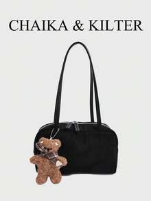 CHAIKA & KILTER 1件裝純色麂皮布料女款復古時尚啞光單肩保齡球包，對比色絎縫線條，雙手柄設計，拉鍊開合，適合日常與旅行使用 - 黑色 - 查看 2
