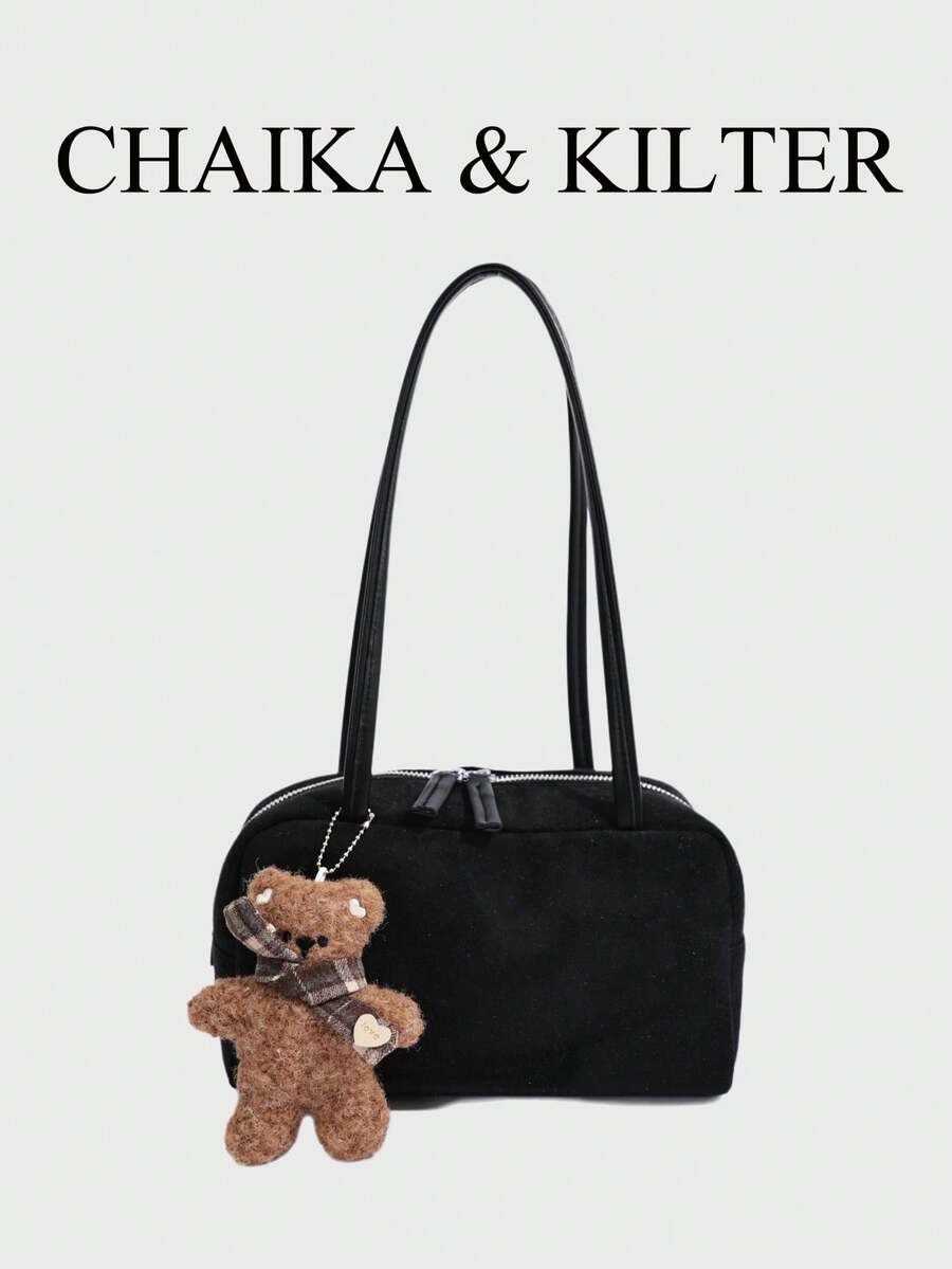 CHAIKA & KILTER 1件裝純色麂皮布料女款復古時尚啞光單肩保齡球包，對比色絎縫線條，雙手柄設計，拉鍊開合，適合日常與旅行使用