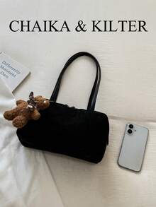 CHAIKA & KILTER 1件裝純色麂皮布料女款復古時尚啞光單肩保齡球包，對比色絎縫線條，雙手柄設計，拉鍊開合，適合日常與旅行使用 - 黑色 - 查看 4