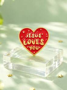 1pc Jesus Loves You Heart Shaped Enamel Pin, Red & Gold Letter Alloy Brooch, Suitable For Backpack, Jacket, Collar And Other Clothing, Ideal Accessory Gift - Red - View 7