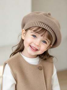1pc Solid Color Baby Beret Knit Beanie, Suitable For Baby Girls, Korean Style Toddler Princess Painter Hat - Multicolor - View 6