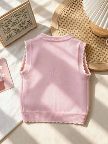 WUHUANG YIYI Baby Girl Casual Applique Lace Trim Heart Pattern Loose Lightweight Round Neck Knit Cardigan, Suitable For Outings In Spring - Baby Pink - View 3