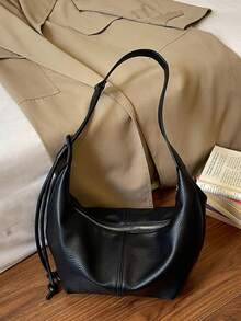 Casual Black Large Capacity Lychee Grain Tote Bag, Shoulder Crossbody Underarm Bag - Black - View 7