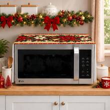 2dflat 1pc Red Gold Border Christmas Microwave Dust Cover, Red Bell Print Home Microwave Cover Cloth Kitchen Decor - Multicolor - View 5