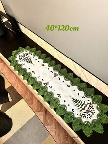 1pc Embroidered Christmas Tree Lace Edge Table Runner, Christmas Atmosphere Polyester Fiber Embroidered Handmade Hollow Lace Edge Decorative Table Runner, Suitable For Dining Table, Coffee Table, Shoe Cabinet, Sideboard, Tea Table, Daily Home Decor And Christmas Decoration - Green - View 2