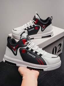 Men's Personalized Colorblock High-Top Casual Shoes With Letter Basketball Logo Decor, Street Style Thick Sole Versatile Skate Shoes For Students - White and Black - View 6